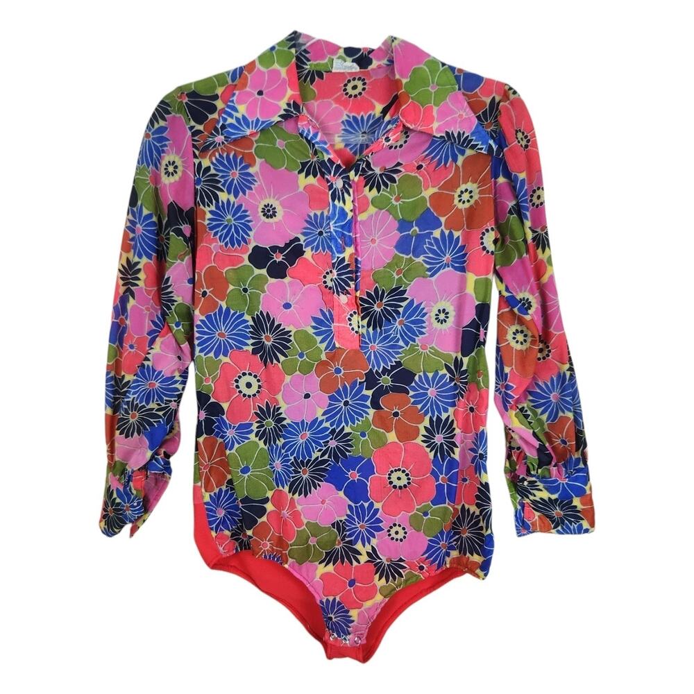 Vtg 1970s Flower Power Bodysuit Medium Dagger Collar Psychedelic Floral Mod Boho